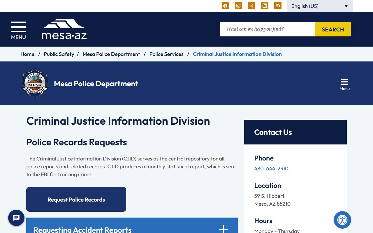 Mesa Police Criminal Justice Information Division page