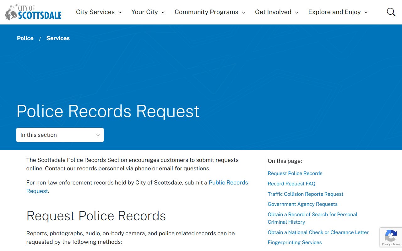 Scottsdale Police Department records request page