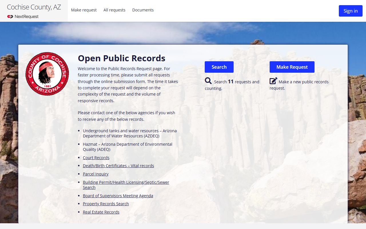 Cochise County NextRequest online portal for police records