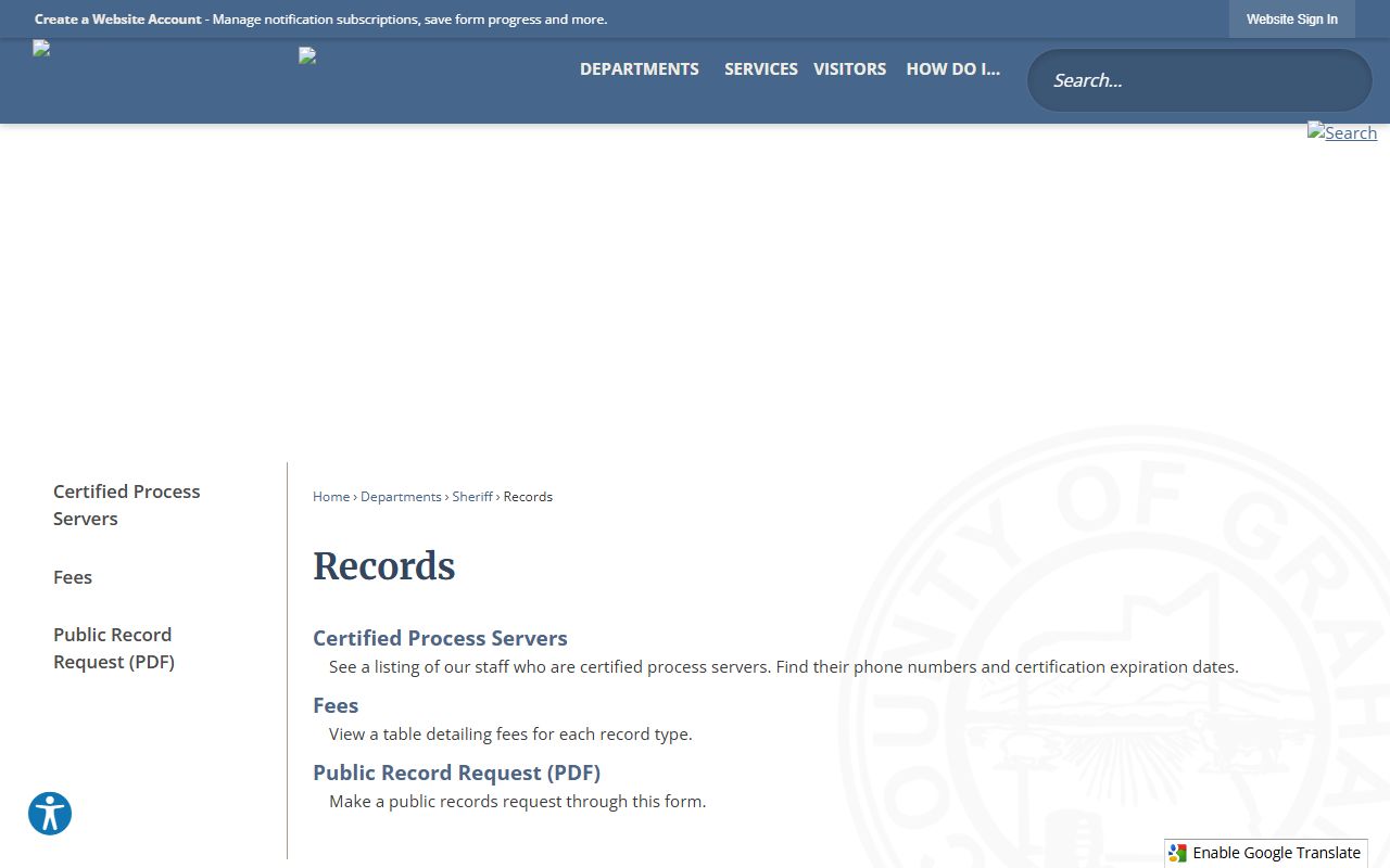 Graham County Sheriff records page