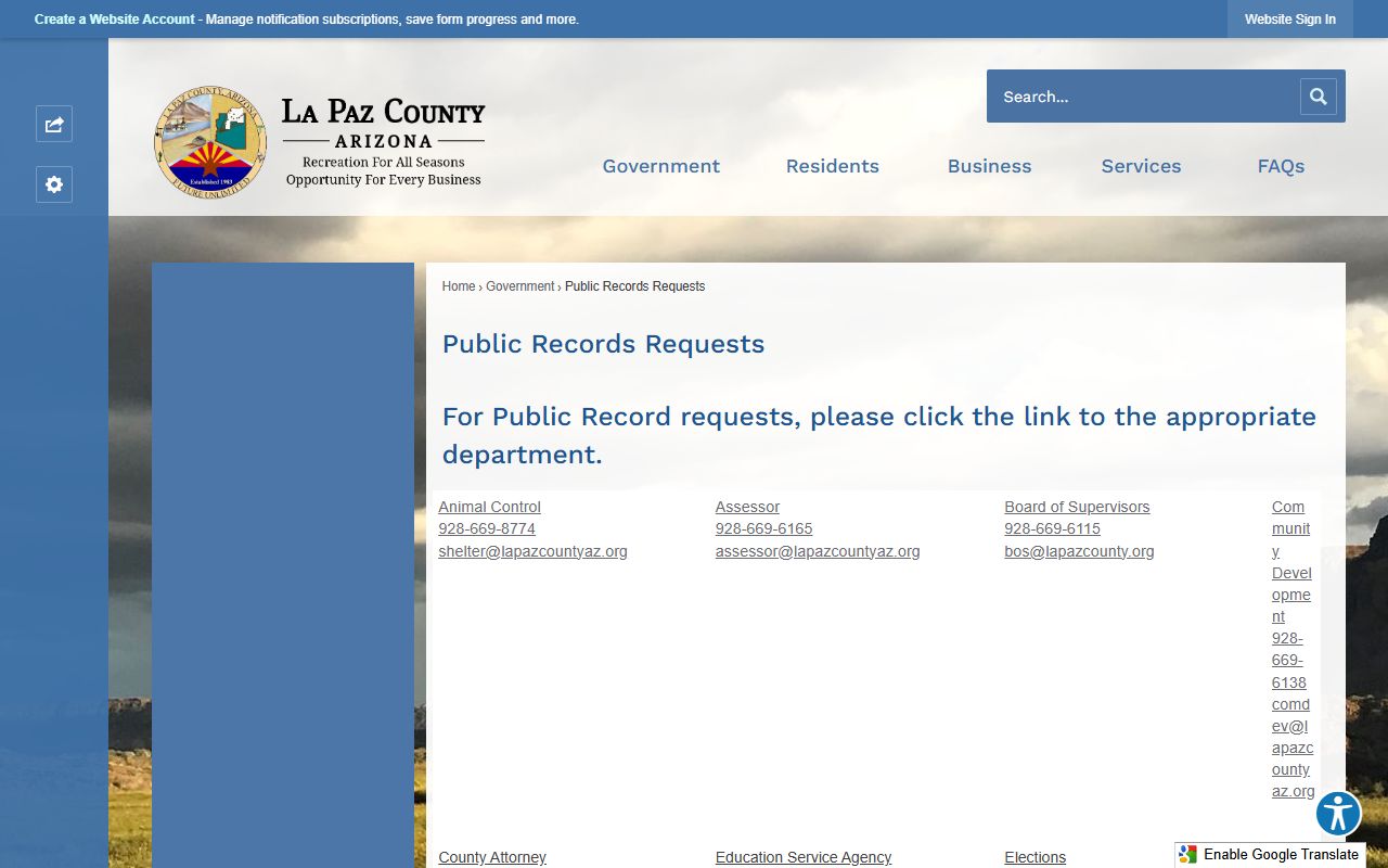 La Paz County public records request page