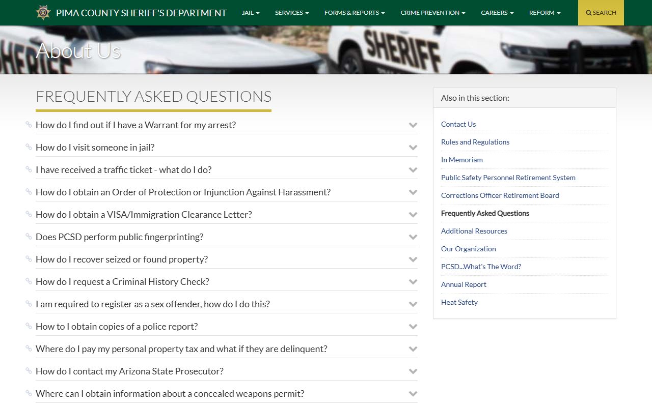 Pima County Sheriff Department FAQs page for police records