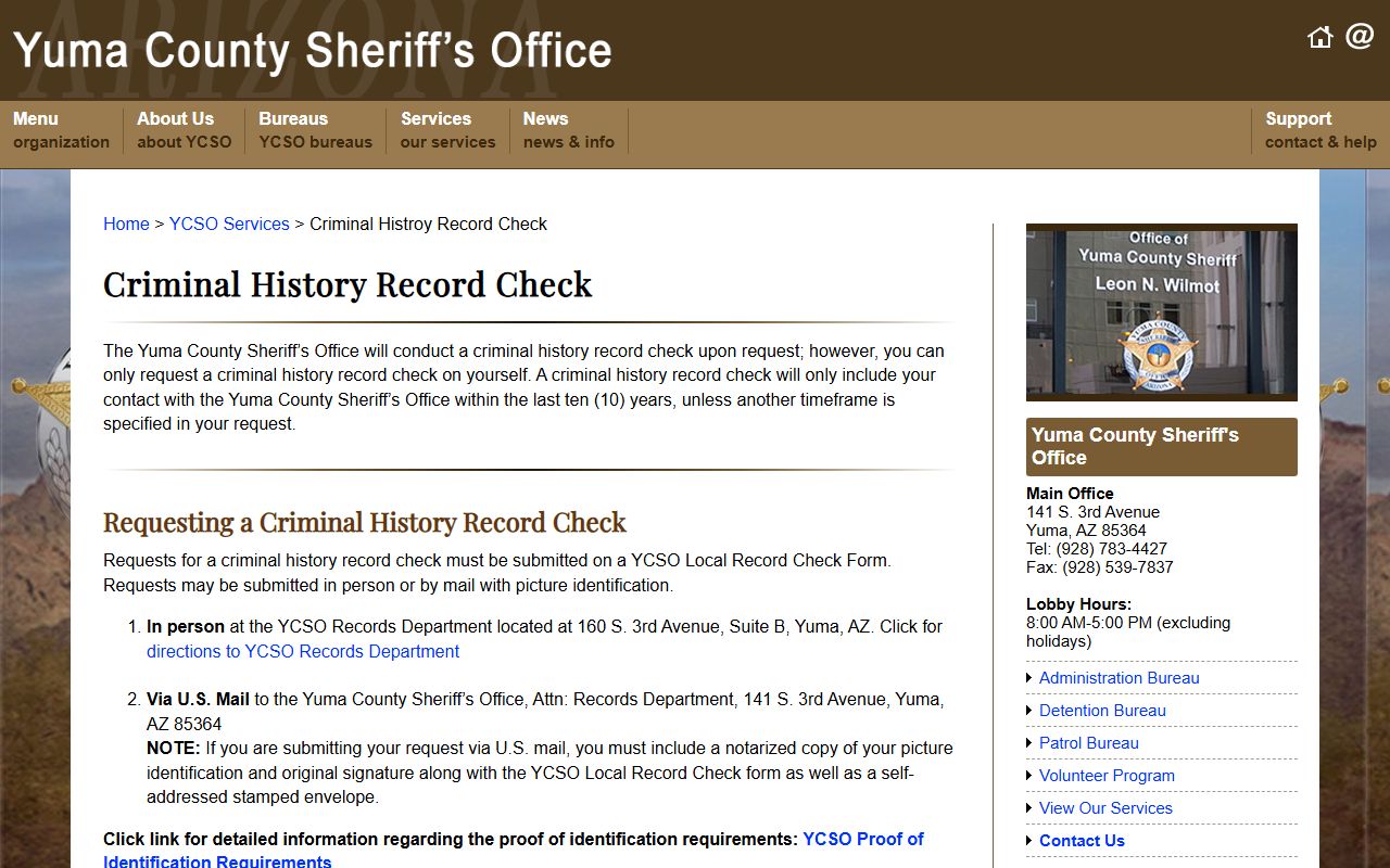 Yuma County Sheriff criminal history services page