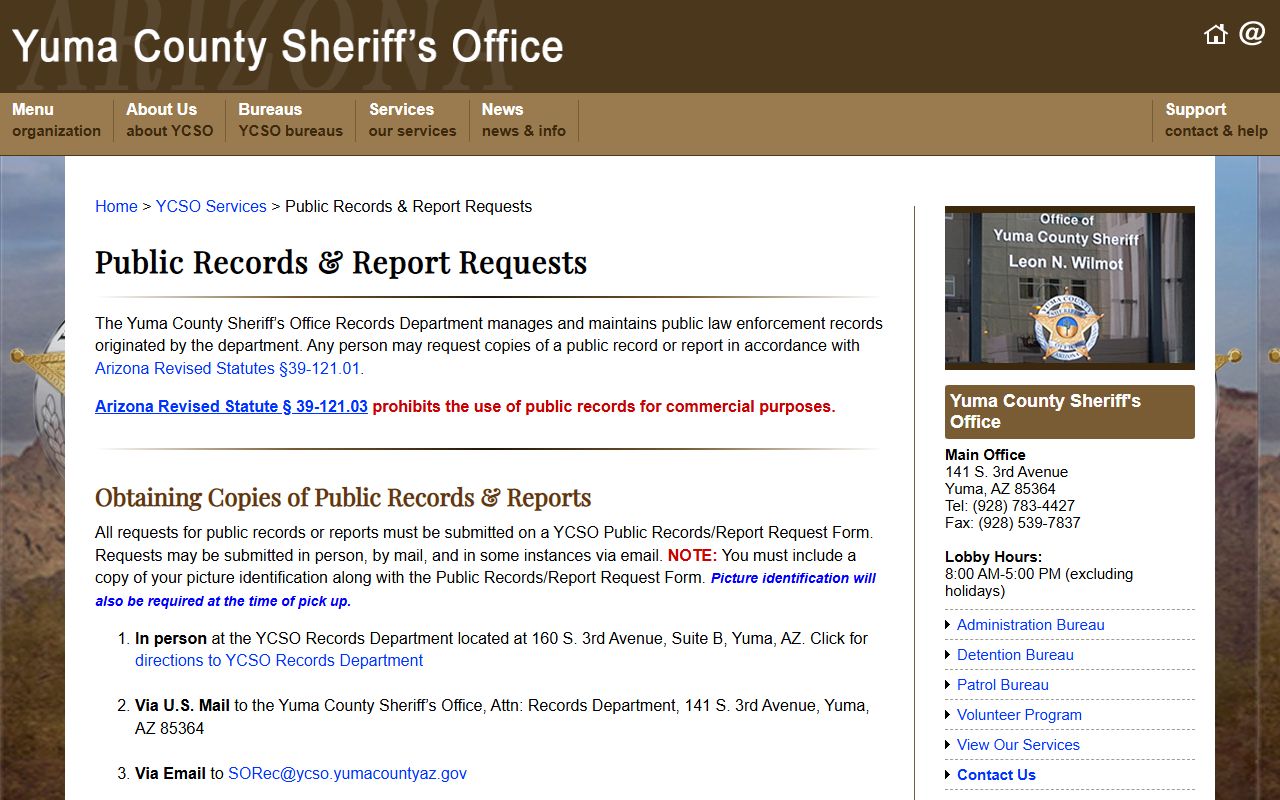 Yuma County Sheriff reports request page for police records