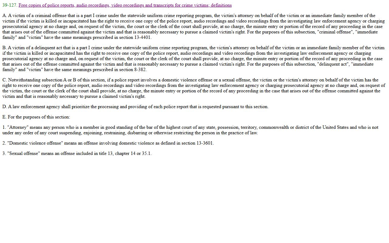 Arizona statute ARS 39-127 providing free copies for crime victims