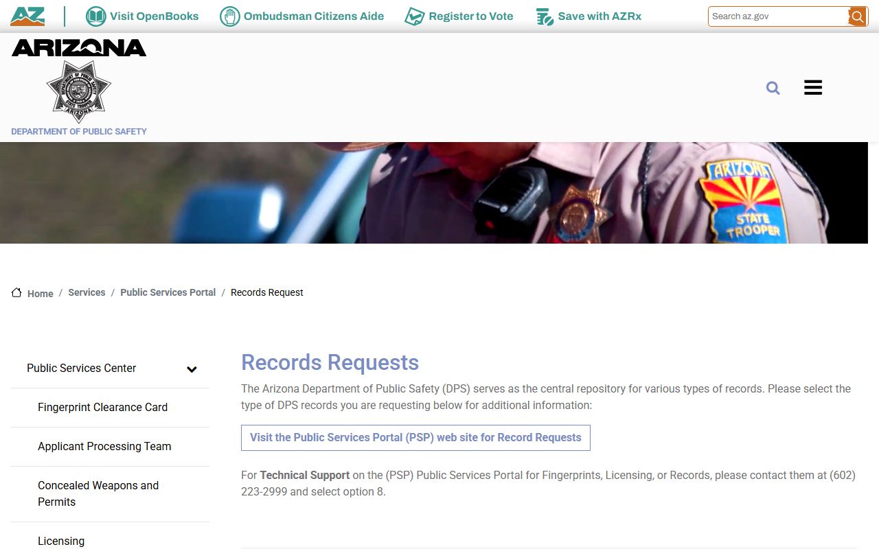 Arizona DPS Public Records Unit information page