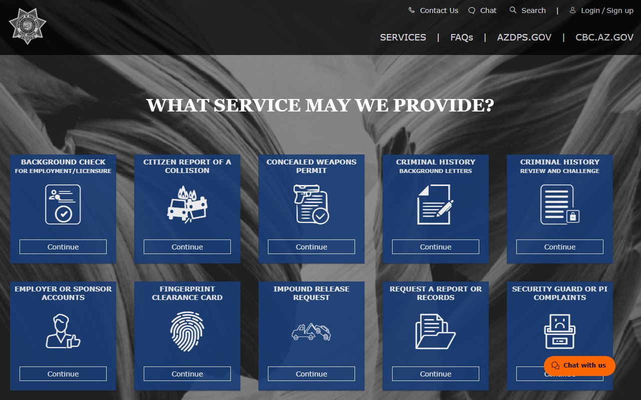 Arizona DPS Public Services Portal for police records requests